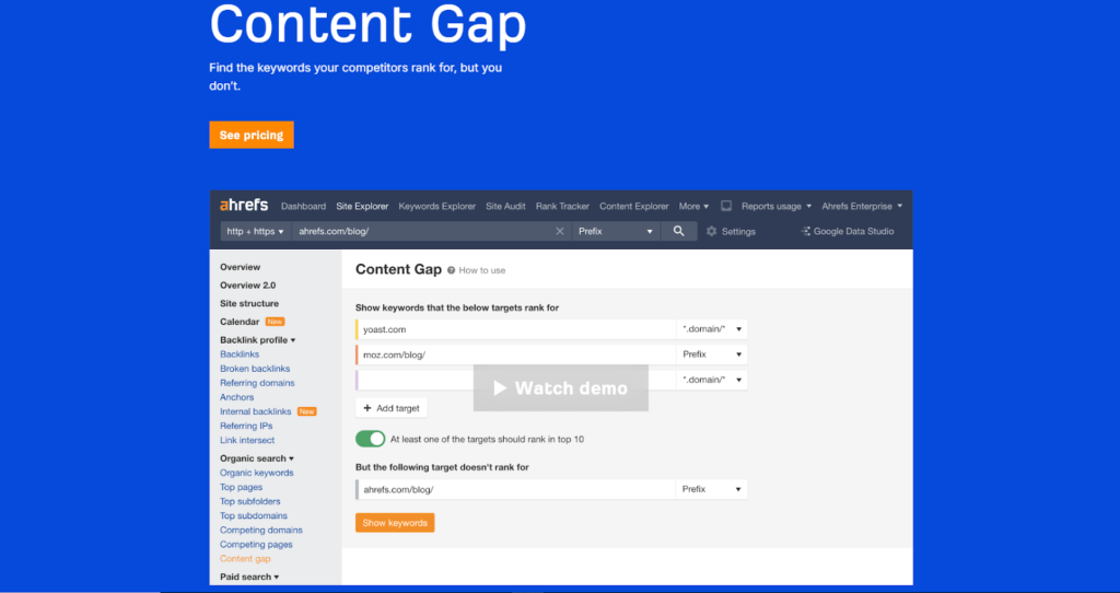 Ahref's Content Gap tool to find out on what keywords the competitors are ranked on.